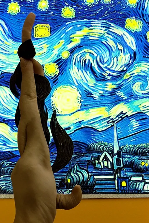 Image similar to joyous, fit, powerful, vincent van gogh standing next to his small painting starry night which is on an easel, stop motion vinyl action figure, plastic, toy, butcher billy style