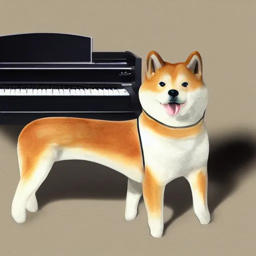 Image similar to shiba inu in a tuxedo playing a grand piano, digital art, 8 k, high detailed