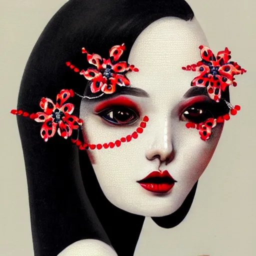 Image similar to detailed concept art painting art deco pattern black diamonds + red flowers and diamonds by hsiao - ron cheng, no humans, bizarre compositions, exquisite detail