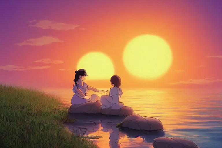 Image similar to a dreamy studio ghibli painting of a duck and a woman hugging each other near the water during a beautiful sunset, in the style of studio ghibli, highly detailed, 4K, smooth, trending on artstation