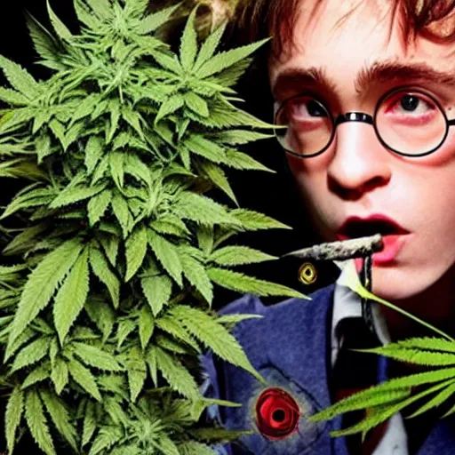 Image similar to harry potter smoking weed, surrounded by weed plants, joints faling from sky, smoke everywhere, fire smoke dense red eyes, eating weed leaf