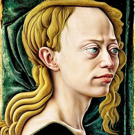 Image similar to miley cyrus as gollum, elegant portrait by sandro botticelli, detailed, symmetrical, intricate