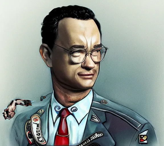Image similar to Tom hanks as forrest gump wearing a shrimp necklace, realistic face, digital art, in the style of Taeyoung Choi, amazing detail, artstation