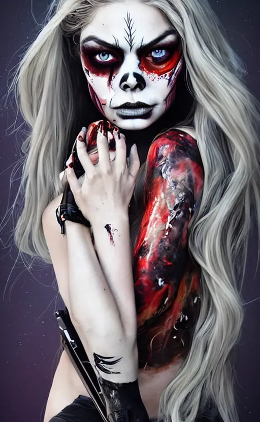 Image similar to in the style of artgerm, Samara Weaving with skull paint on her face, full body, holding a shotgun