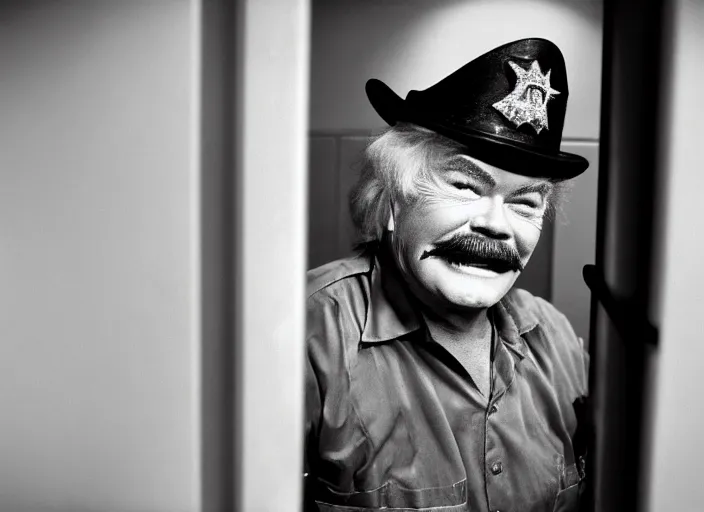 Prompt: photo still of rip taylor in a jail cell!!!!!!!! at age 5 4 years old 5 4 years of age!!!!!!! throwing confetti from a bucket, 8 k, 8 5 mm f 1. 8, studio lighting, rim light, right side key light