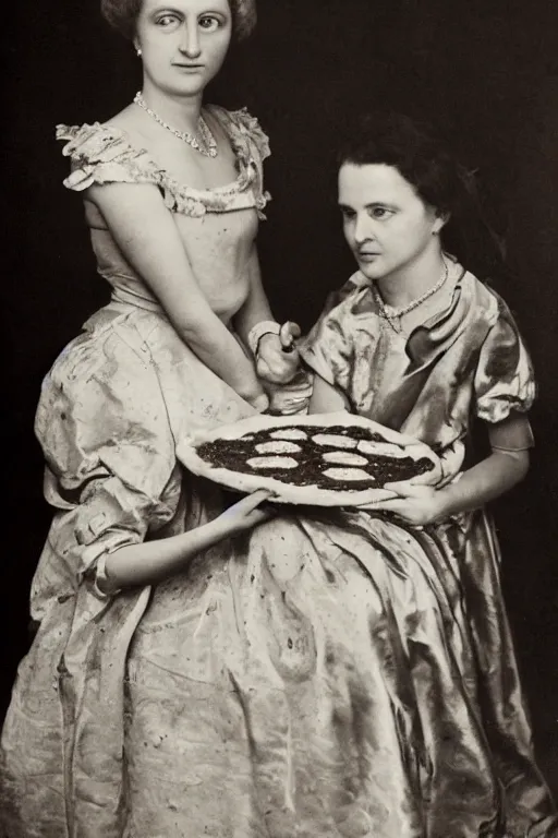 Image similar to historical photo of queen margherita ( savoy ) sharing a pizza! margherita with her slave girl, full body, portrait photo, diffuse light, acclaimed masterpiece