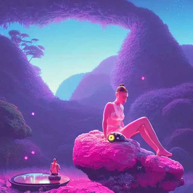 Image similar to a natalie portman sitting on rock, surrounded by bio - luminescent, glowing peaceful serene sentient solarpunk, jungle. in the style of katamari damacy, scattered glowing pink fireflies, soft vaporwave liminal aesthetic. 3 d blender by tomer hanuka, greg rutkowski, beeple, sharp focus, digital painting, concept art