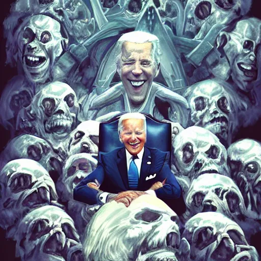 Image similar to Joe Biden sitting on a throne of skulls, digital painting, trending on artstation