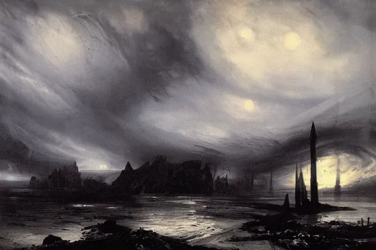 Image similar to awesome landscape rain by peder balke with an alien structure by hrgiger