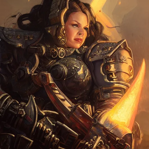 Image similar to Katherine Heigl as a warhammer 40k marine in a Skyrim loading screen, gorgeous, beautiful, intricate, highly detailed, digital painting, artstation, oppressive lighting, concept art, sharp focus, illustration, art by greg rutkowski and alphonse mucha