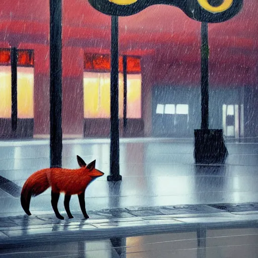 Prompt: painting of a fox in front of a bus stand bench at a rainy night, trending on artstation - 1 0 2 4