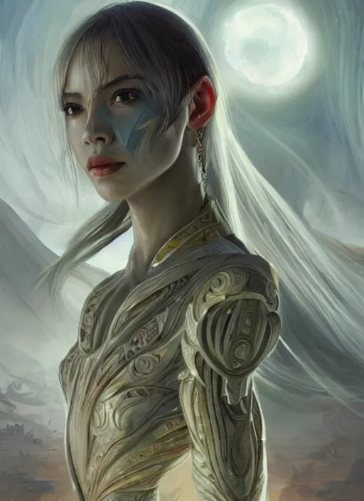 Image similar to a professional painting of a beautiful young female alien, clothed in ethereal armor, olive skin, long dark hair, beautiful bone structure, symmetrical facial features, intricate, elegant, digital painting, concept art, smooth, sharp focus, illustration, from Valerian and the City of a Thousand Planets, by Ruan Jia and Mandy Jurgens and Artgerm and William-Adolphe Bouguerea