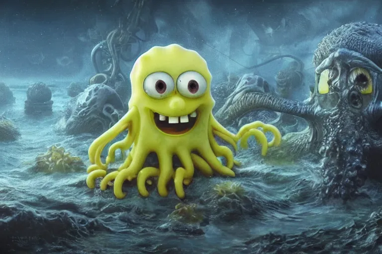 Prompt: Spongebob Cthulhu chimera, photorealistic still from Alien Planet(2005), artstation