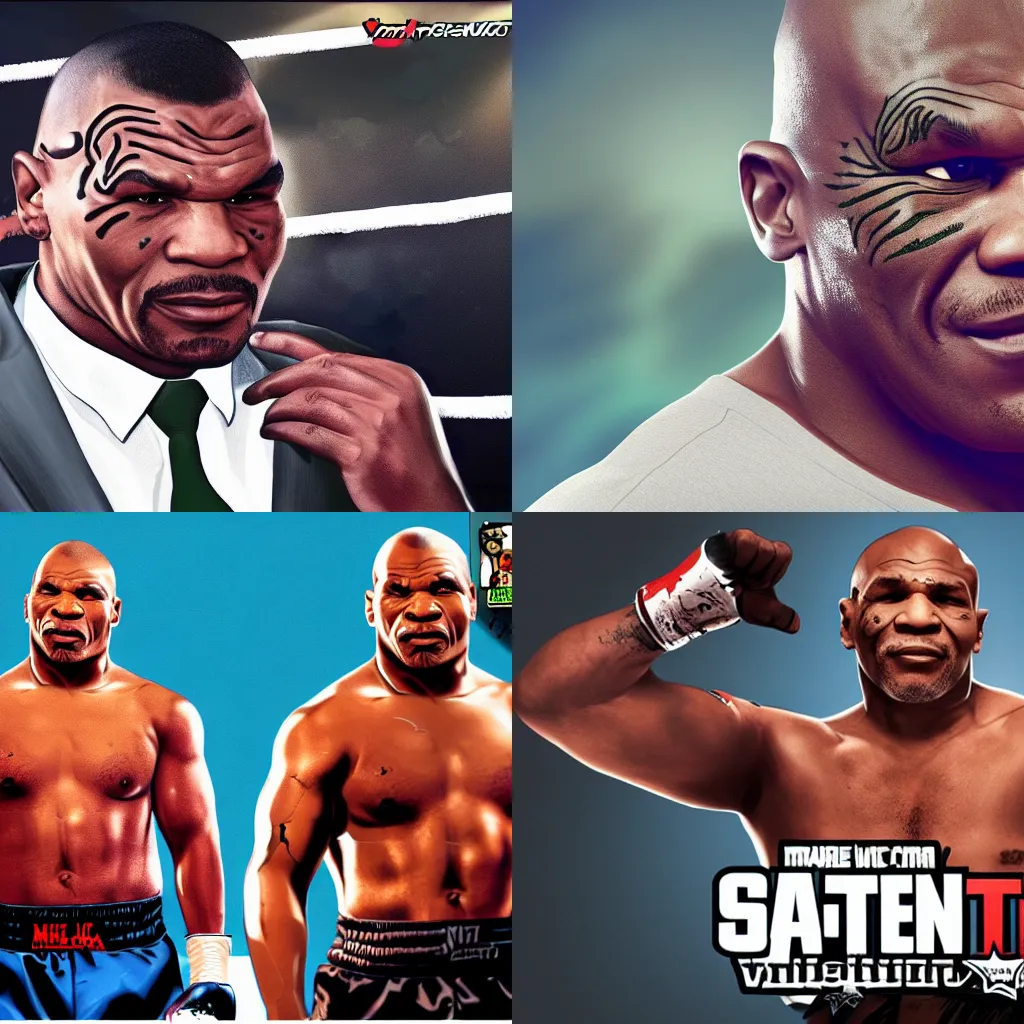 Prompt: mike tyson in the gta v loading screen, masterpiece, 8 k, 4 k, art by stephen bliss