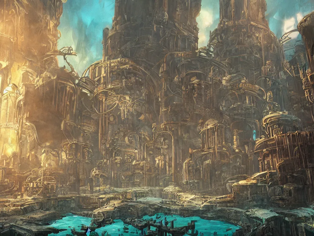 Prompt: decaying underwater city from bioshock, concept art, oil painting, art deco architecture