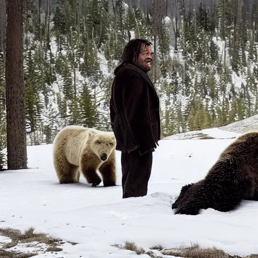 Prompt: leornado dicaprio shrugs and laughs at a bear in a scene from the revenant, beautiful cinematic photography