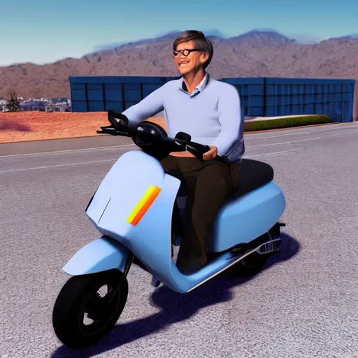 Image similar to bill gates riding a 1 9 8 7 honda elite scooter in palm springs, 3 d, unreal engine,