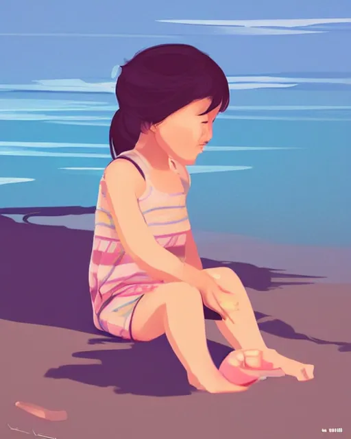 Image similar to a little girl sit beach. clean cel shaded vector art. illustration art by lois van baarle and helen huang and artgerm