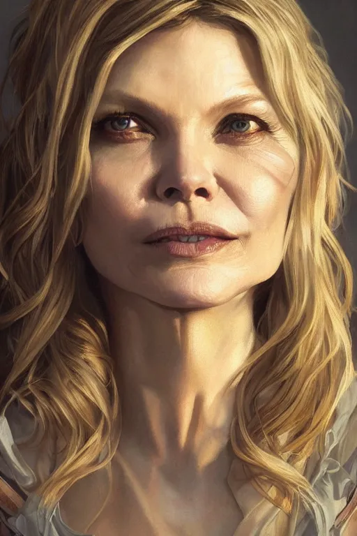Prompt: painting of michelle pfeiffer,, ultra realistic, sharp details, subsurface scattering, intricate details, warm lighting, beautiful features, highly detailed, photorealistic, octane render, 8 k, unreal engine, art by artgerm and greg rutkowski and alphonse mucha