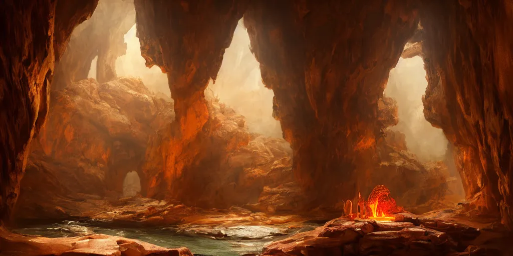 Prompt: a painting of a cinematic keyframe of a red rock cave interior with victorian baroque furniture inside, elegant elements mixed with rock formations, with fire by greg rutkowski, rule of thirds, golden ratio, ambient lighting, wlop, artgerm, artstation, highly detailed masterpiece, dark fantasy art, high detail, trending on artstation
