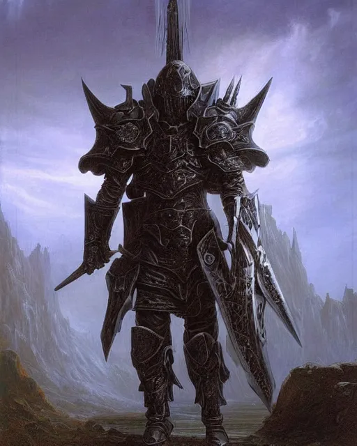 Image similar to a heavily armoured death knight by Thomas Cole and Wayne Barlowe