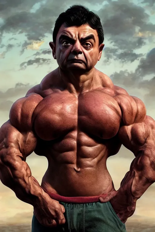 Image similar to upper body portrait of a hulking bulky swole steroids musclebound huge bodybuilder muscular herculean chiseled mr bean rowan atkinson, cinematic lighting, photorealistic, octane render, 8 k, depth of field, 3 d, art by artgerm and greg rutkowski and alphonse mucha and uang guangjian and gil elvgren and sachin ten