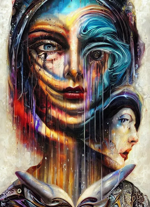 Image similar to incredible magic cult psychic woman, symmetrical painted face, third eye, energetic consciousness psychedelic scene, epic surrealism expressionism symbolism, story telling, iconic, dark robed, oil painting, layers on layers on layers, dark myth mythos, by Sandra Chevrier , Bruce Pennington, masterpiece