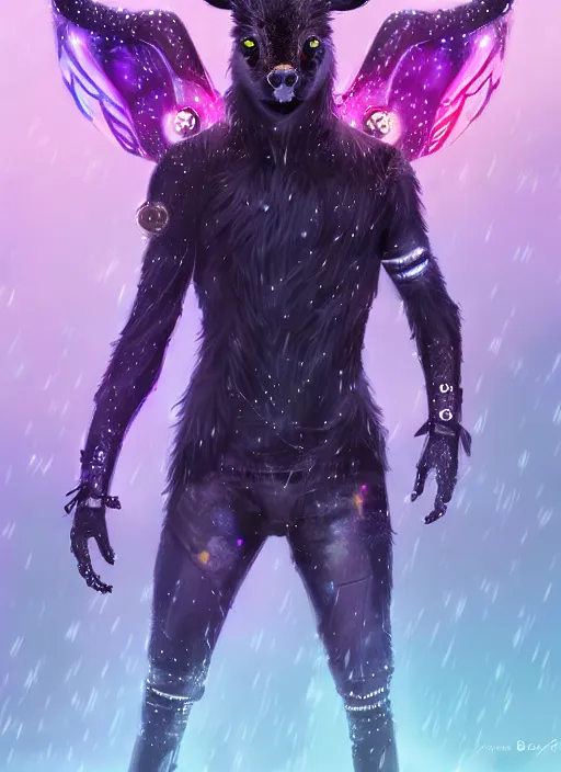 Image similar to award winning beautiful portrait commission of a male furry anthro Black Reindeer cyberpunk fursona with a tail, wings, wings, wings and a cute beautiful attractive detailed furry face wearing a crown, stylish black and rainbow galaxy clothes, outline, in a cyberpunk city at night while it rains. Character design by charlie bowater, ross tran, artgerm, and makoto shinkai, detailed, inked, western comic book art