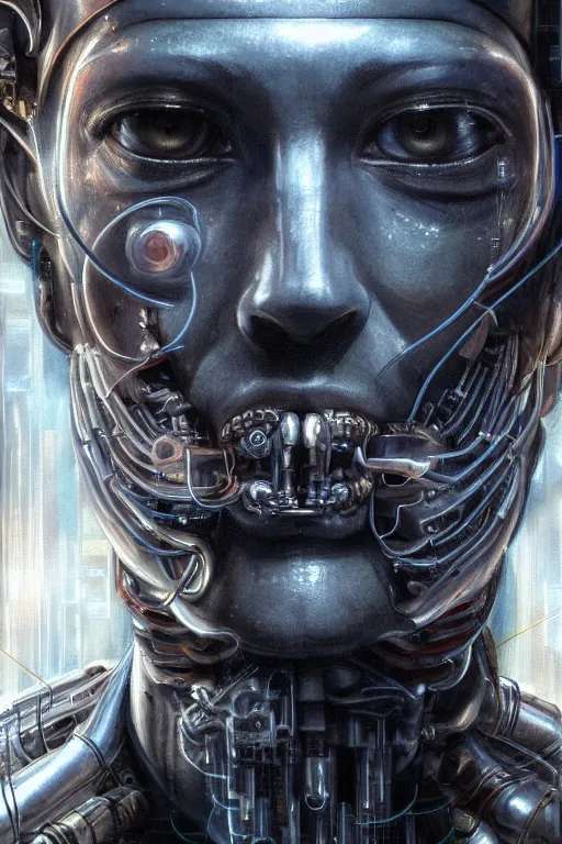 Image similar to an extremely high quality hd, a digital painting of a man's face surrounded by mechanical parts, cyberpunk art by h. r. ( hans ruedi ) giger, featured on cgsociety, afrofuturism, circuitry, tesseract, dystopian art, 8 k, ultra realistic, very realistic