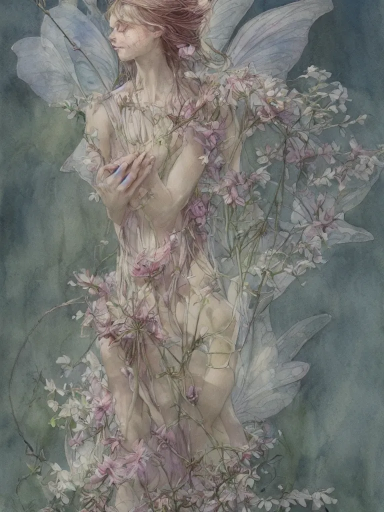 Image similar to study of a flower fairy, illustration, watercolor, alan lee, detailed, pretty, ethereal, realistic, artstation,