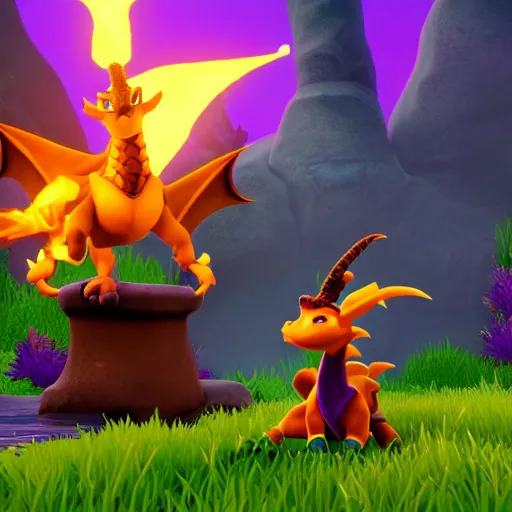 Prompt: Spyro The Dragon breathing fire at his enemy, unreal engine, video game hud,