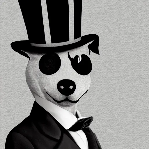 Image similar to closeup portrait of a dog wearing a suit and a top hat and a monocle on an eye, digital art, black and white