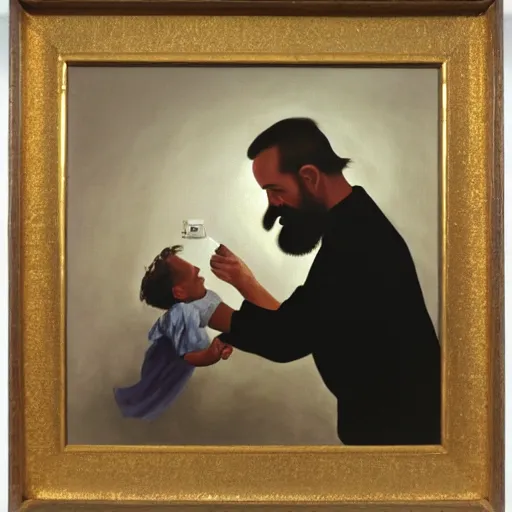 Image similar to laszlo moholy painting of beard grandpa taking a photo to a baby girl