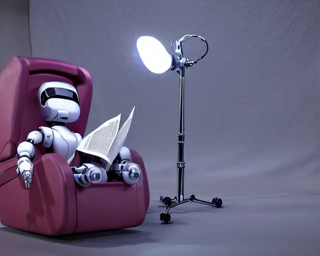 Image similar to Against a white cyc (white cyclorama backdrop) futuristic studious matte brown and red and chrome full-body humanoid robot with two huge round expressive sad purple glowing LED eyes and open rectangular mouth sitting on a large comfortable cushioned 1950s vintage recliner reading a newspaper. open newspaper. full shot Cinematic Movie Photograph, Arri Alexa, Extremely Detailed, smooth, very very clean, white cyc, white background, 8K, octane render, maya render, unreal engine, trending on artstation, DSLR, excellent composition, center frame