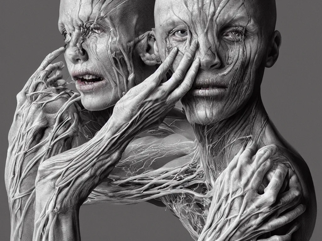 Image similar to female human with translucent skin, visible muscles and veins and arteries and bones and spines and nerves, beautiful detailed intricate insanely detailed octane render, 8k artistic photography, photorealistic, chiaroscuro, by David Cronenberg, Raphael, Caravaggio