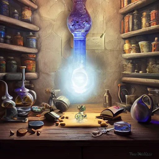 Prompt: hyper real, table, wizards laboratory, lisa parker, tony sart, mortar, pestle, scales with magic powder, energy flowing, magic book, beakers of colored liquid, greg rutkowski