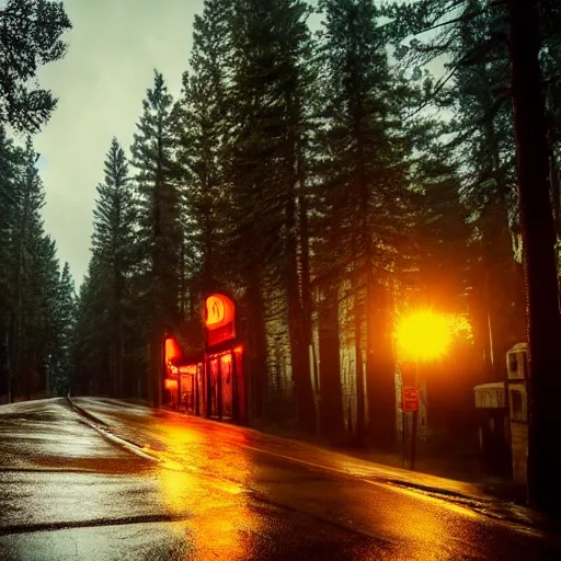 Image similar to photo a wet road surrounded by pine trees, wooden buildings on side of roads, neon signs on buildings, old fashioned gas lamps lining the road, beautiful photography, volumetric lighting, flickr, artstation, 8 k, moody lighting