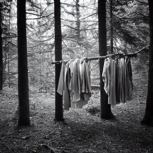 Prompt: clothes hanging on a clothes rack in a lonely eery forest, fever dream, award winning photography, dreamcore, weirdcore