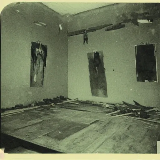 Image similar to creepy abandoned occult sacrifice site in building, crosses hanging on walls, handprints on floor, real Polaroid photo