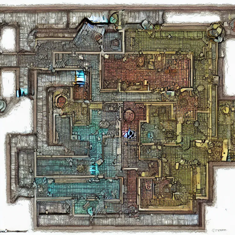 Prompt: full - color fantasy floor plan map of a dungeon, by james gurney, trending on artstation