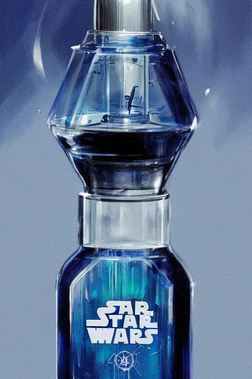 Image similar to concept art of a rolex - star wars liquid dietary supplement in a transparent bottle filled with blue magenta iridescent liquid, by aenaluck, artgerm and roberto ferri and greg rutkowski, blue and white tones, digital painting, artstation, concept art, smooth, sharp foccus ilustration hq
