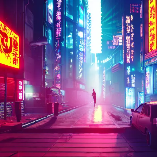 Prompt: cryptopunk city street, mysterious fog, neon kanji signs, neo tokyo, full moon, crepuscular rays, bloom, hdr, cyberpunk 2 0 7 7, 8 k render