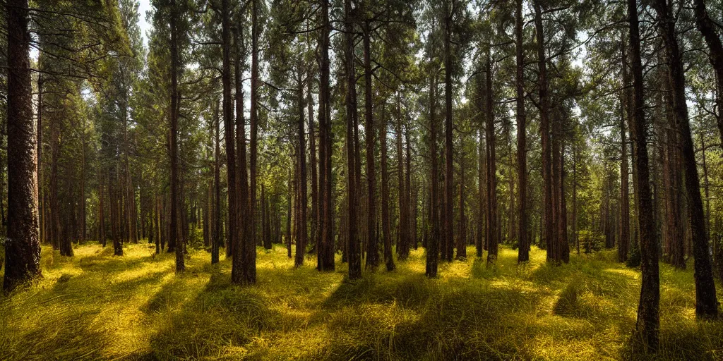 Prompt: landscape photograph of a large pine forest with a clearing, realistic, detailed, cinematic lighting, godrays.