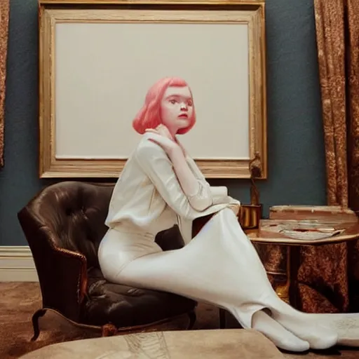 Image similar to Elle Fanning sitting on a white leather chair in the world of Julia Condon, head and shoulders portrait, stormy weather, extremely detailed masterpiece, oil on canvas, low-key neon lighting, artstation, Blade Runner 2049, Roger Deakin’s cinematography, by J. C. Leyendecker and Peter Paul Rubens and Edward Hopper and Michael Sowa,