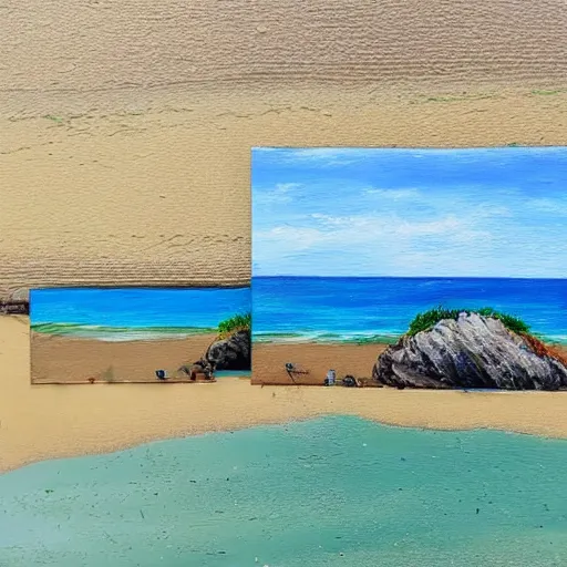 Image similar to a realistic painting of a huge seaside cliff with a beach at the bottom, and small huts in the beach, about to ne washed away by the ocean