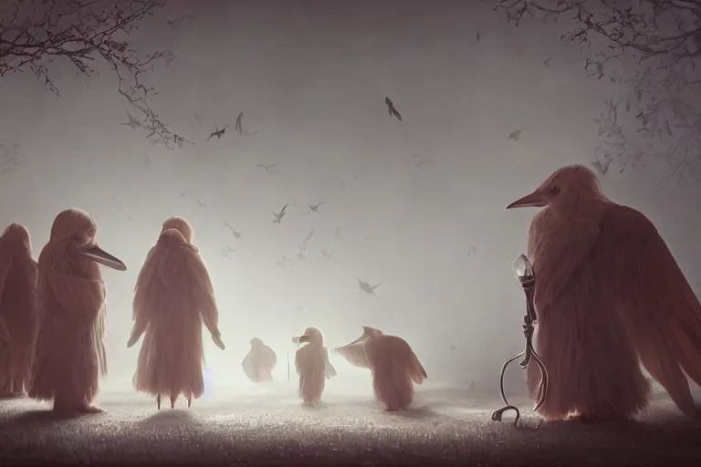 Image similar to masterful fantastic realist painting of the enchanted summoning rituals of unusual moody birds wearing cloaks, weird perspective, digital painting trending on artstation, volumetric lighting and mist, hyperrealistic, octane render