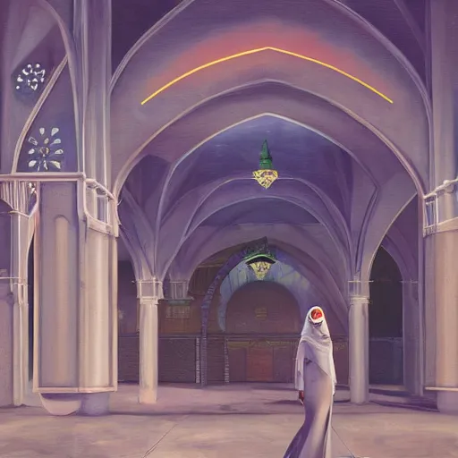 Prompt: beautiful woman, courtyard, capital, mosque interior, reflections, control panel, watcher, omniscient, tech noir, few neon signs, matte painting, speed painting, chiaroscuro, oil on canvas