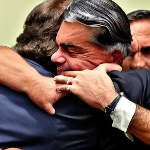 Prompt: lula tenderly hugging bolsonaro