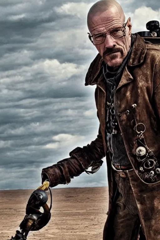 Image similar to steampunk walter white in mad max fury road