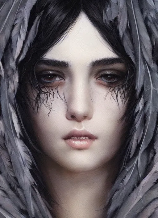 Image similar to a teenage girl with very short black hair and a huge cloak made of feathers in shades of light and dark grey. beautiful highly detailed face. beautiful painting by artgerm and greg rutkowski and raymond swanland